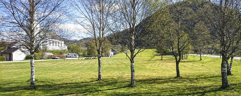 Forretningsbygg frå parken