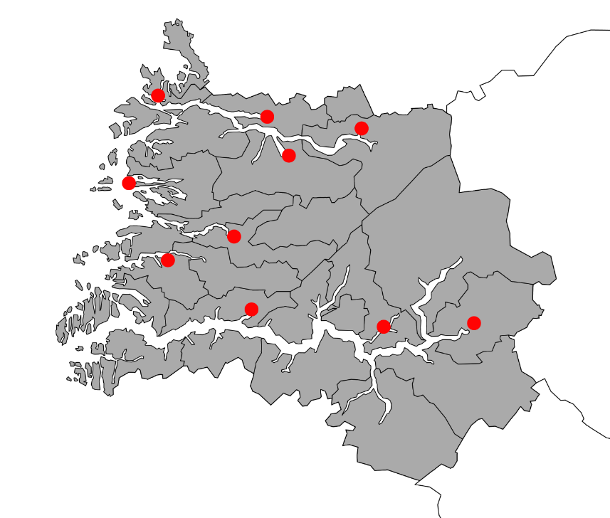 Bustad-, arbeid- og servicesenter (BAS-senter) i fylket er markert i kart