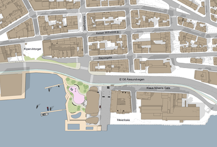 Nordplan AS: Illustrasjon av mulighetsstudie parkering og park i Ålesund sentrum