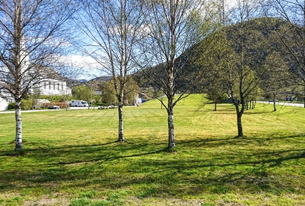 Forretningsbygg frå parken